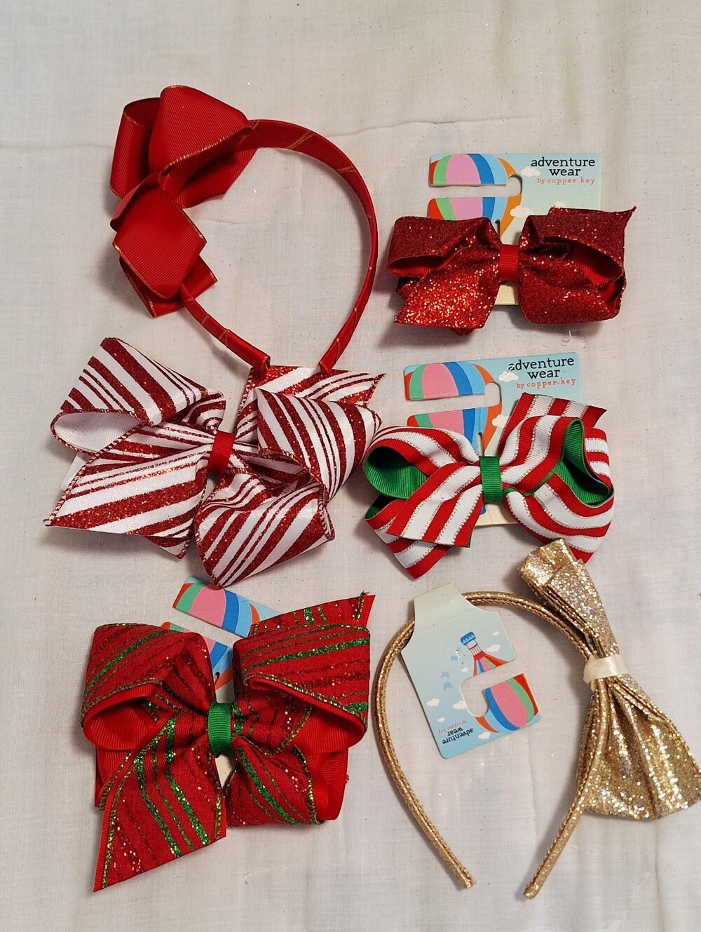Copper Key Red, White, Green, Gold Holiday Hair Bow and Headband Set